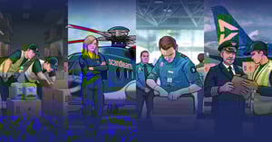 A collage of illustrated artworks depicting different aviation scenarios involving dangerous goods handling