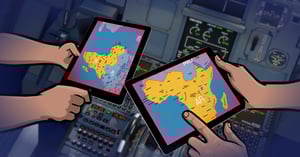 Illustrated image close-up of two tablets displaying red warnings being handled by a pilot and co-pilot in a cockpit