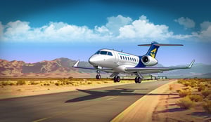 An illustrated artwork of a business jet aircraft landing on a small runway