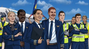 Illustrated artwork of flight crew, cabin crew and ground crew posing in front of an aircraft