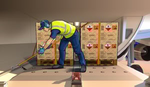 Illustrated artwork of aviation ground crew securing dangerous goods in aircraft cargo hold
