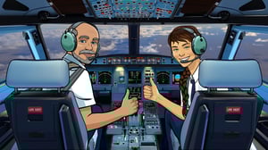 Illustrated artwork of pilot and co-pilot in cockpit looking back and giving a thumbs-up