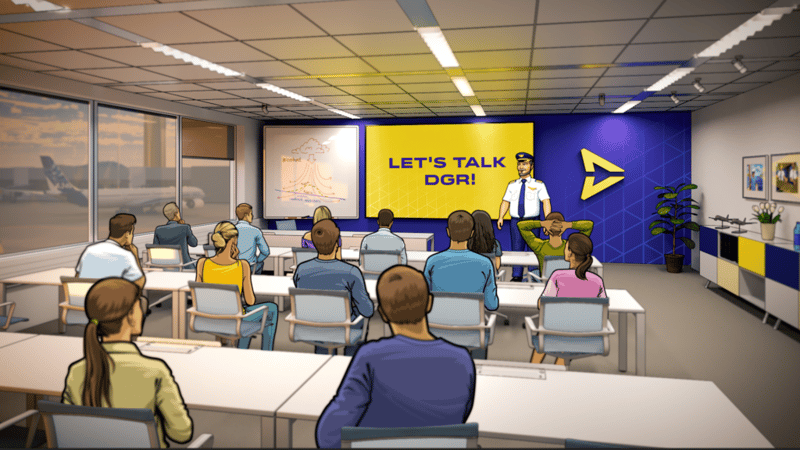 Artwork of a fictional Scandlearn classroom being taught by the Captain Carl character.