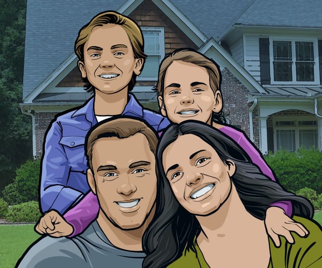 Illustrated image of happy family in front of their home