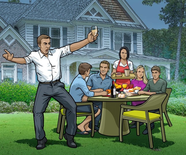Illustrated image drunk man dancing inappropriately during lunch with friends in the yard