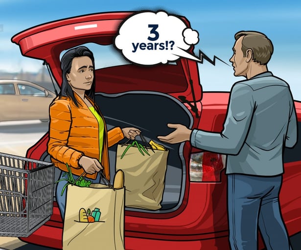 Illustrated image of friends bumping into each other outside the supermarket and talking