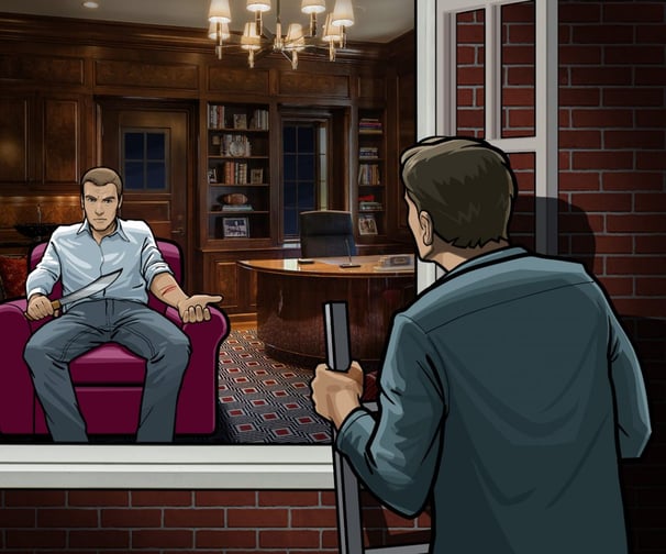 Illustrated image of man looking inside window at his friend sitting and wielding a knife threateningly