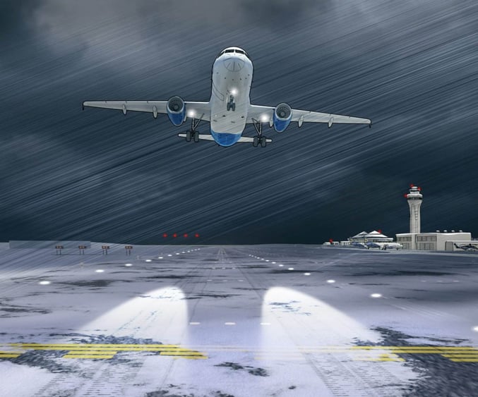 Illustrated image of A320 landing in extreme weather conditions